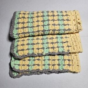 Handmade crocheted 30 X 36 blanket. Yellow, Grey and green